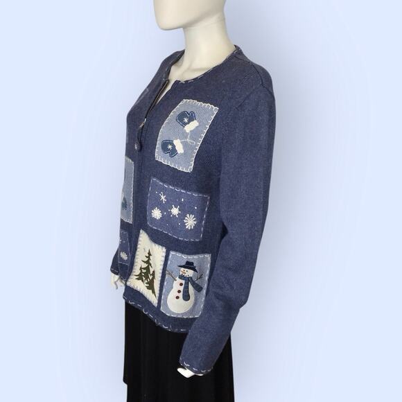 Croft & Barrow Blue Christmas Cardigan Patchwork Full Zip Sweater Snowman - Picture 7 of 11